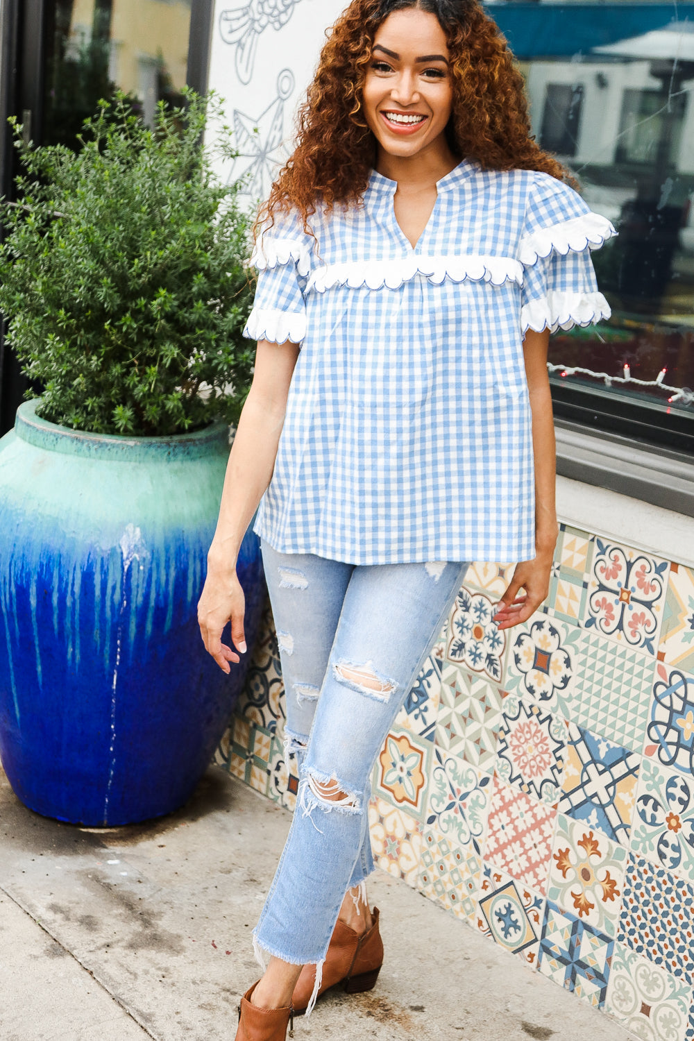 Cotton Blue Gingham Top