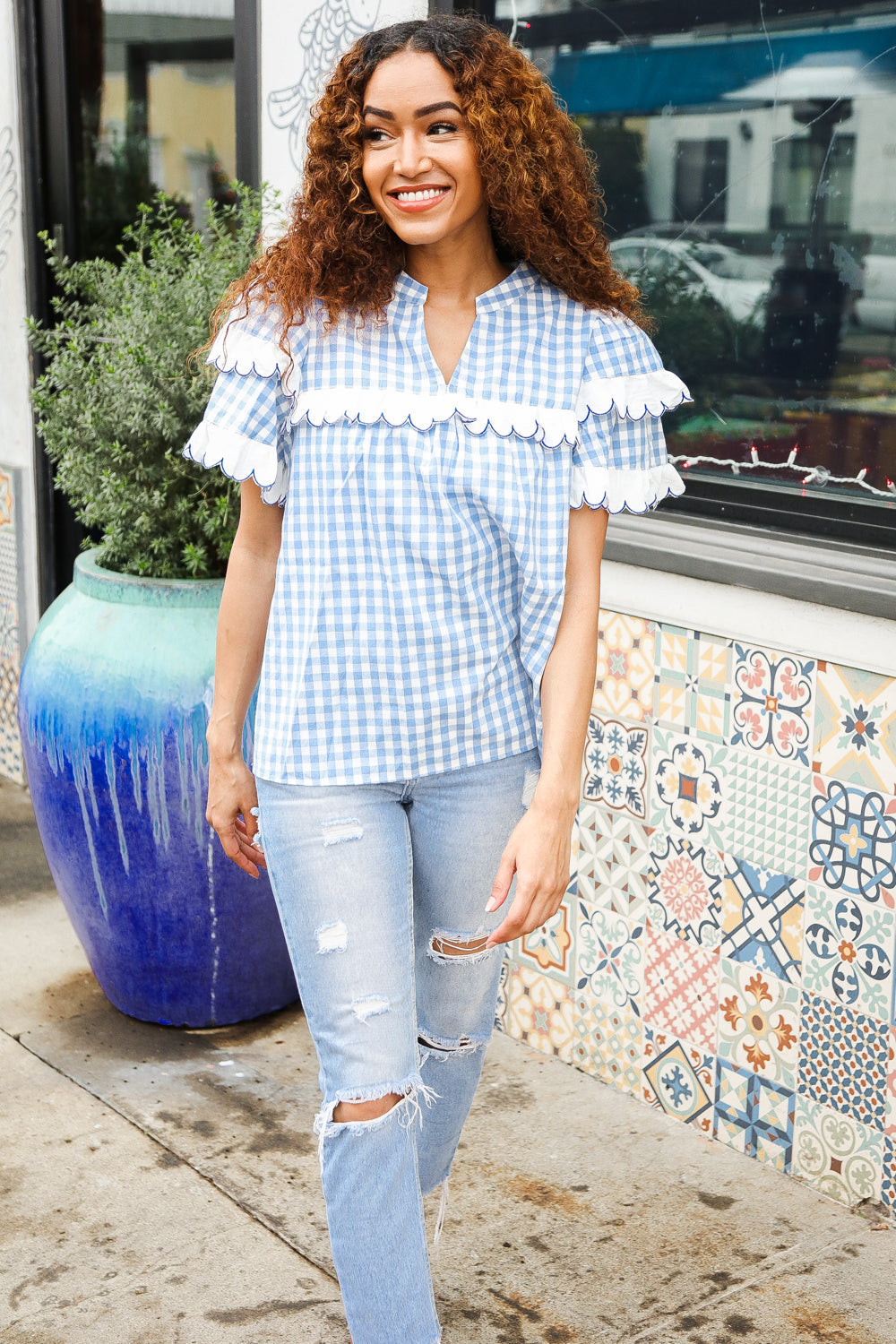 Cotton Blue Gingham Top